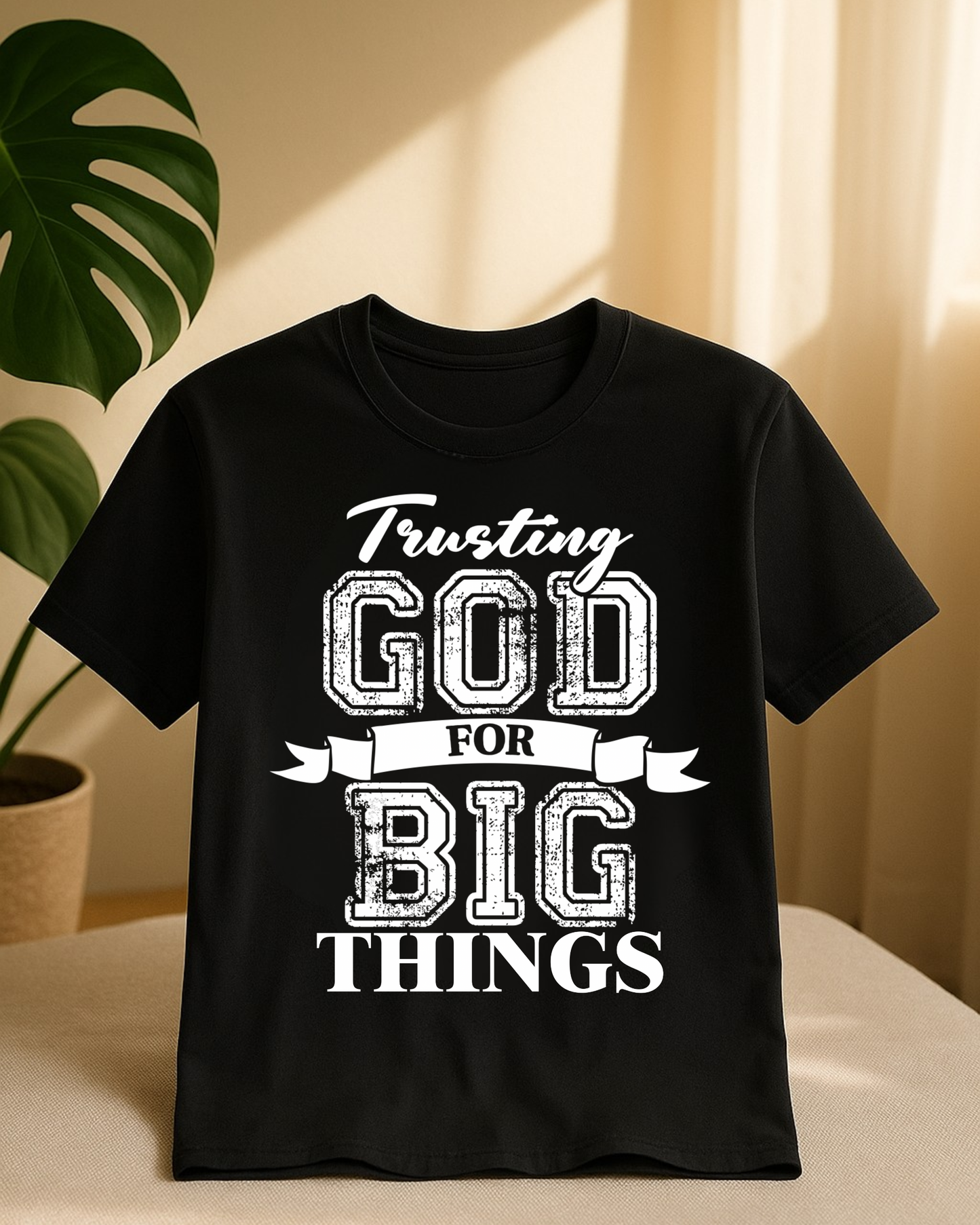 Christian t-shirt displayed on couch with plant decor featuring trusting God for big things message
