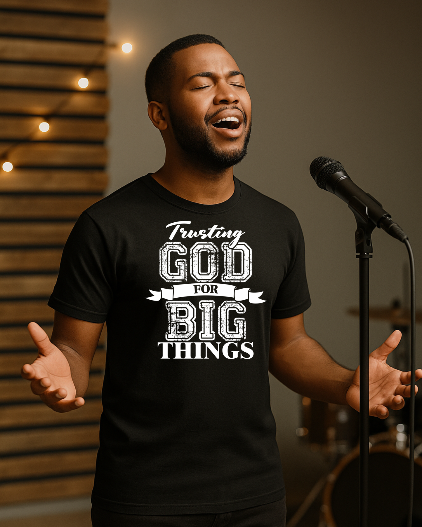 Christian shirt worn by man singing in worship with microphone, trusting God for big things faith t-shirt
