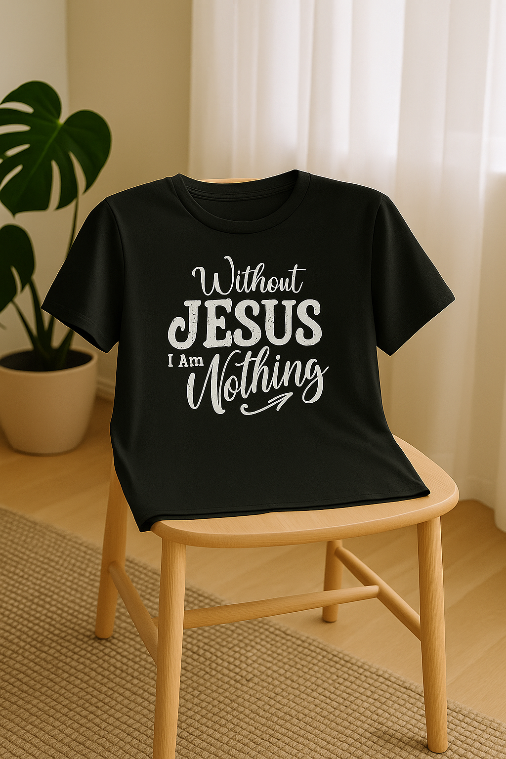 Black ‘Without Jesus I Am Nothing’ Christian T-shirt displayed on a chair in a warm lifestyle room.
