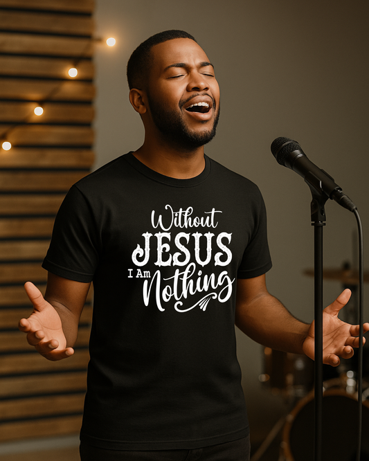 Christian worship leader singing on stage wearing a black T-shirt that reads “Without Jesus I Am Nothing” with microphone and warm studio lighting in the background.