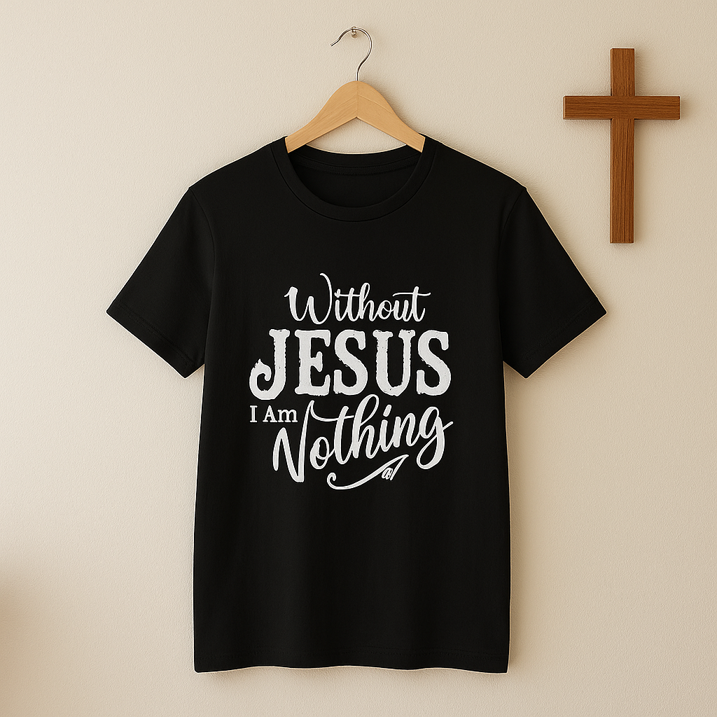 Black ‘Without Jesus I Am Nothing’ Christian T-shirt hanging on a wall with a wooden cross decoration.