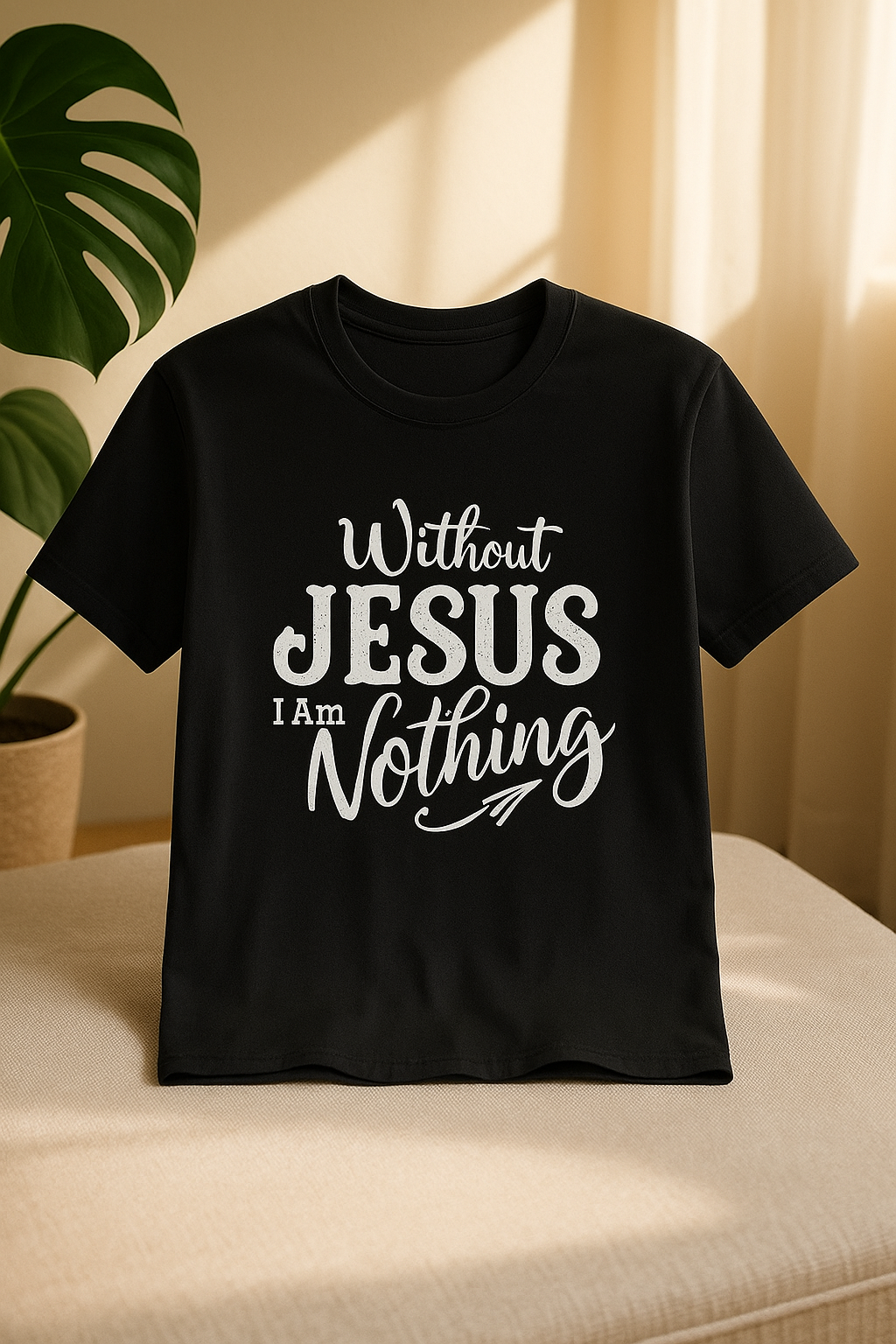 Black ‘Without Jesus I Am Nothing’ Christian T-shirt hanging on a wall with warm natural lighting.”
