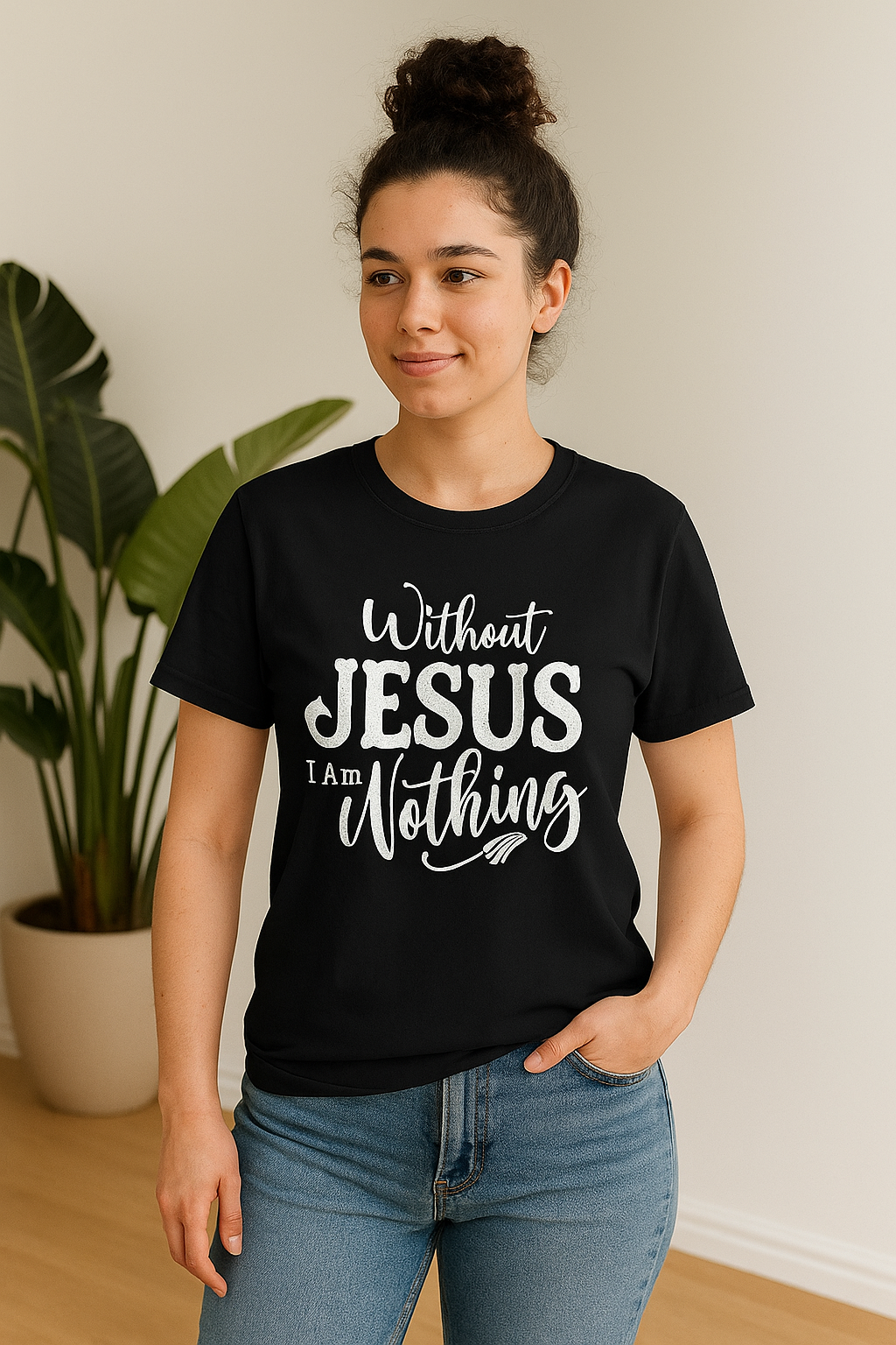 Woman wearing a black ‘Without Jesus I Am Nothing’ Christian T-shirt in a bright indoor setting.