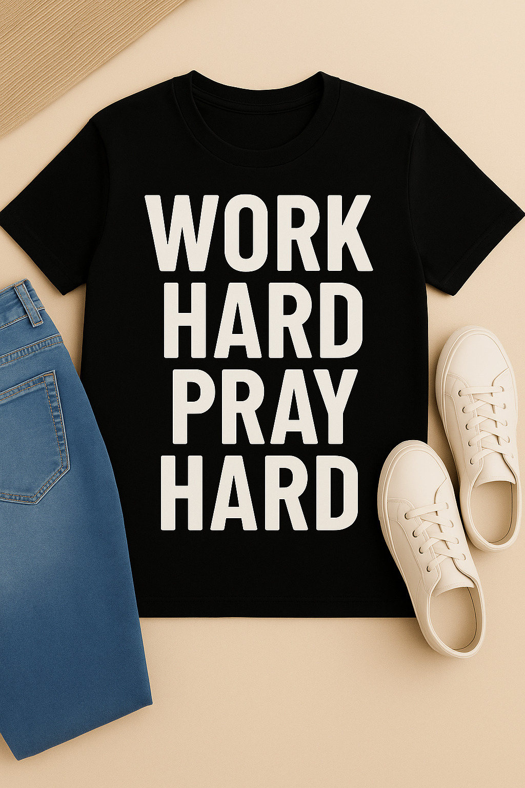 Black t-shirt with 'WORK HARD PRAY HARD' text, paired with blue jeans and white sneakers on a beige background.