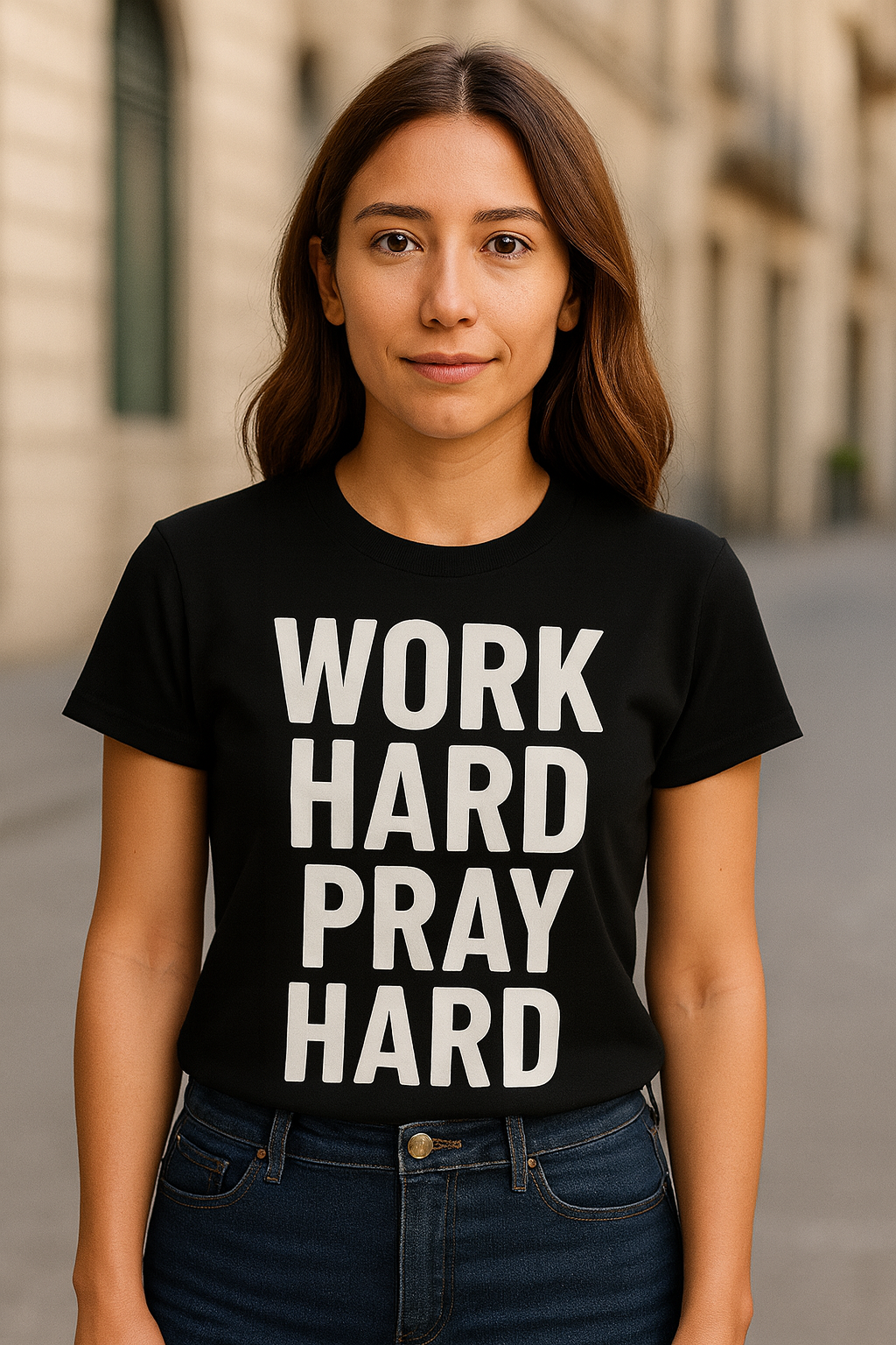 Woman wearing a black t-shirt with 'WORK HARD PRAY HARD' text on a street background
